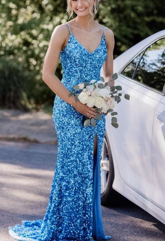 Vestidos de fiesta largos sin mangas con lentejuelas y escote en V y tirantes finos de sirena